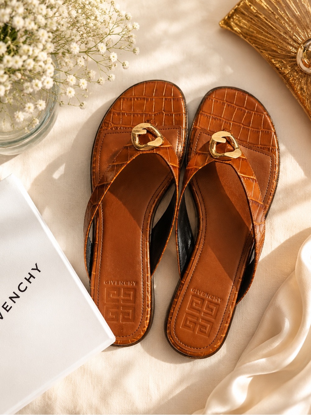 Givenchy Brown Crocodile-Embossed Leather Slide Sandals with Gold Chain Accent